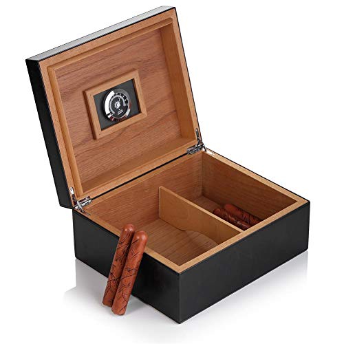 Cigar Humidor, MEGACRA Handmade Desktop Cigar Humidor with PU Leather Surface for 25-50 Cigars, Cedar Wood Lined Cigar Storage Box with Humidifier and Hygrometer