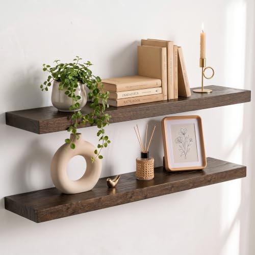 Image of Elm Floating Shelves for Wall - 30 in Rustic Solid Wood Shelves with Heavy-Duty Invisible Bracket, Wall-Mounted Wooden Shelf for Living Room, Bathroom, Kitchen Storage & Display, Set of 2, Walnut
