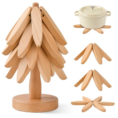 Wooden Tree Trivet Tree Shape Trivets Set 4 Wooden Trivets 1 Stand Like a Christmas TreeBeech Wood Trivets for Hot Pots Pans Bowl Teapot