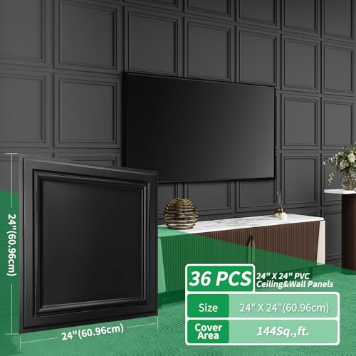Image of Art3d 36 Pack PVC Ceiling Tiles, 24x24 Inches Waterproof Drop Ceiling Tiles /Wall Panels for Interior Wall Decor, Covers 144 Sq.,ft, Matte Black