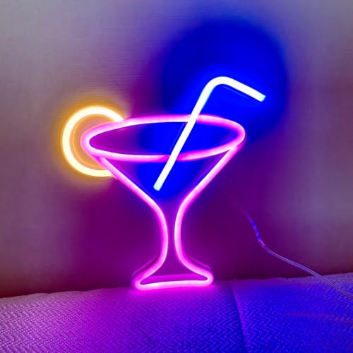 Image of Pink Neon Cocktails Sign, LED Wine Glass Night Light - Dual Powered (Battery & USB) for Wall Decor, Club, Restaurant, Shop