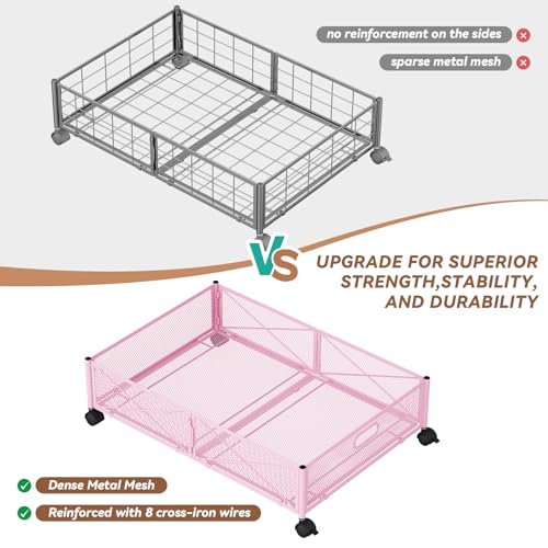 Under the Bed Storage Containers with Wheels, Under Bed Storage, Under Bed Shoe Storage Organizer Drawer, Tool-free Assembly Metal Underbed Storage Containers -Pink