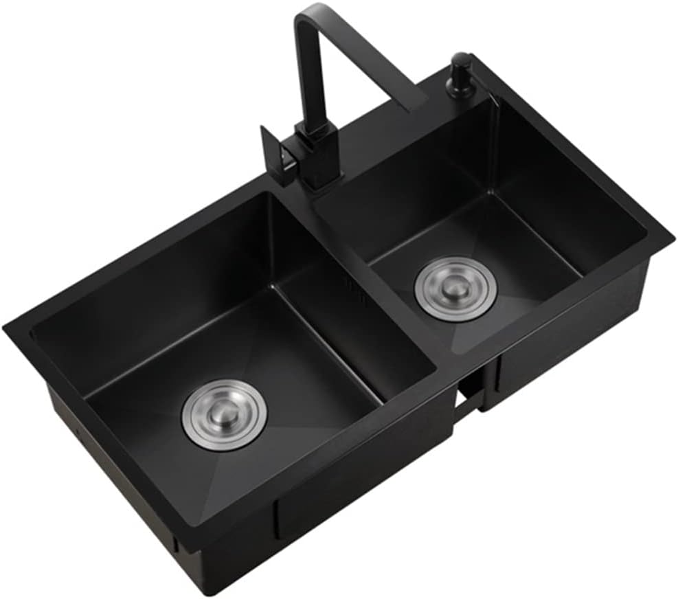Black Double Bowl Bar Prep, with Square Tap, 304 Stainless Steel Drop-in Hardware Undermount,Black-78x43cm