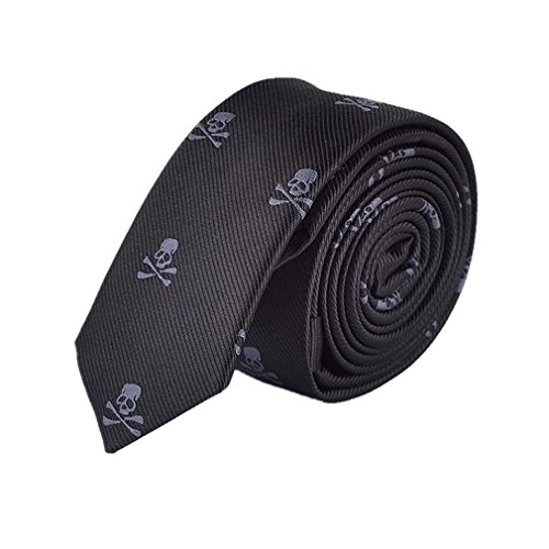 Hello Tie Unisex Black with Skull Design Skinny Neckite with Gift Box, Black, One Size