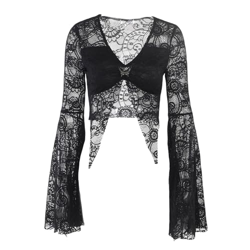 Image of Goth Bolero Shrug Women Lace Sheer Mesh Gothic Flare Sleeve Emo