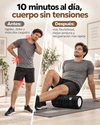 Miniatura 7 de Unycos - Rodillo Para Masajes Musculares 33x14 Cm Resiste 130 Kg Cilindro De Espuma Dura Para Fitness, Terapia Con Foam Roller Herramienta De Automasaje Para Recuperación Y Flexibilidad Negro