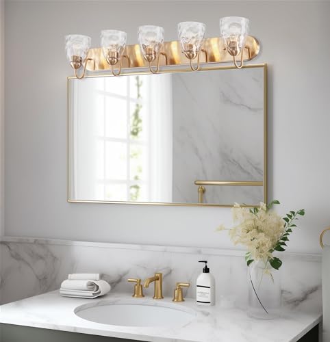 Image of Kira Home Armada 37 inch Large Modern 5-Light Bathroom Vanity Light | Elegant Hammered Water Glass Cone Shades, Contemporary Cool Brass Finish, Premium Wall Sconce Lighting Fixture