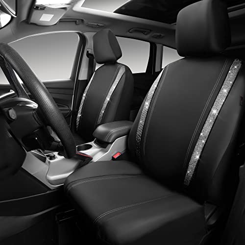 Image of CAR PASS Leather Bling Diamond Car Seat Cover 2 Front Interior Sets, Waterproof Universal Shining Glitter Crystal Sparkle Fit for 95% Automotive Truck SUV Cute Women Girl, Black Silver Rhinestone