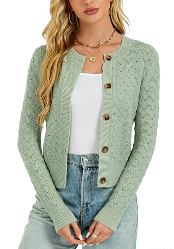 Enjyam Damen Strickjacke Langarm Elegant Kurz Cardigan mit Knöpfe Rundhals Weiche Leichte Jacke zum Top Kleid Salbei M