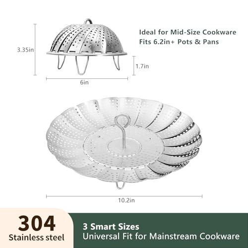 Cluren Steamer Basket for Cooking 304 Stainless Steel Entirely Thickened,Collapsible Steamer Insert for Pots, Fits Instant Pot/Skillets (6\'\' To 10\'\')