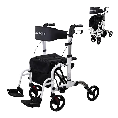 Mobiclinic®, Déambulateur Pliable, avec Repose-Pieds, Pliable, Réglable en Hauteur, Max. 136 Kg, avec Freins, Dossier Réversible, Roues 360°, Sac, Porte-Canne, Ibiza