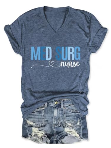 Women's Med Surg Nurse T-Shirt - V Neck Short Sleeve Casual Loose Tee Tops Funny Summer Casual Graphic T-Shirt Tops(Blue2-S)
