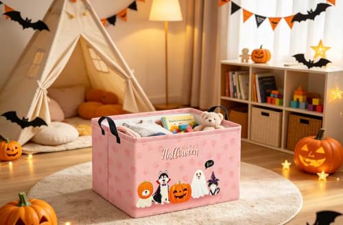 Image of Halloween Basket Cute Baskets for Kids Pumpkin Basket Rectangular Storage Bin Organizer Box Room Decor(Pink Dog Halloween)