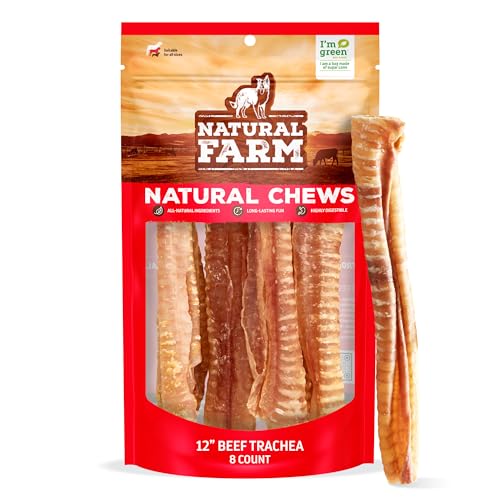 Natural Farm Beef Trachea (12 Inch 8 Pack) 100% Beef Chews Natural Glucosamine and Chondroitin for Joint & Hip Mobility Bone Strength Low Fat Crunchy & Crispy Treats for All Dogs