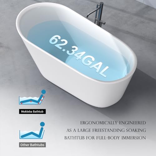 Image of 61 inch Single Slipper Freestanding Bathtub, 17 inch Deep Soaking Tub, Glossy White | Right Toe-Tap Chrome Drain, Slotted Overflow, Easy-Clean Modern Acrylic Tub for Bathroom, cUPC Certified, Capacity: 62 Gal