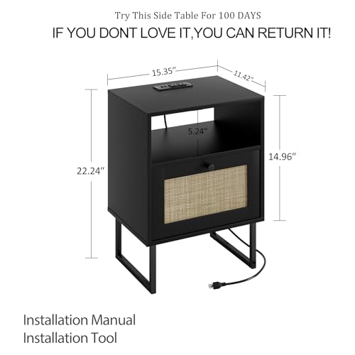 Image of Masupu Rattan Nightstand with Charging Station,Modern Boho Farmhouse Wood Bedside Table with Storage Drawer and Open Shelf,Small Black Frame Side End Table for Bedroom,Living Room,Office (Black)