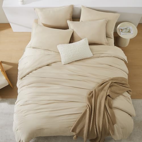 Image of King Size Comforter Set- 7 Pieces Prewashed Bed in a Bag King Bedding Sets | Soft All Season Comforter with Sheets, Pillow Shams & Pillowcases, Beige
