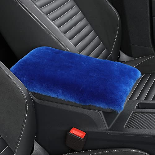 Image of IRIWOOL Sheepskin Armrest Cover Auto Center Armrest Cover Car Soft Console Pad, Fluffy Wool Auto Center Console Cover for Most Car Arm Rest Decoration Protector 7 x 13 Inch (Shearling, Blue)