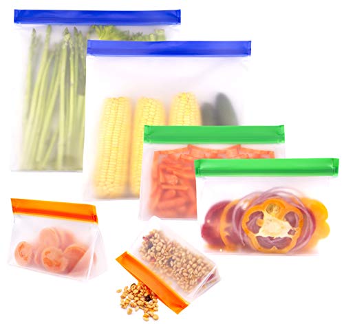 Stand Up Reusable Food Storage Bags, 6 Pack Freezer Bags Reusable Snack Bags (2 Gallon Size Bags 2 Lunch Bags 2 Snack Bags) Freezer Ziplock Lunch Bags for Food Marinate Meat Fruit Cereal