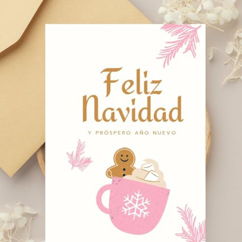 Postal navideña “Feliz Navidad y Próspero Año Nuevo” | Diseño con taza rosa y galleta de jengibre | Tarjeta hecha a mano