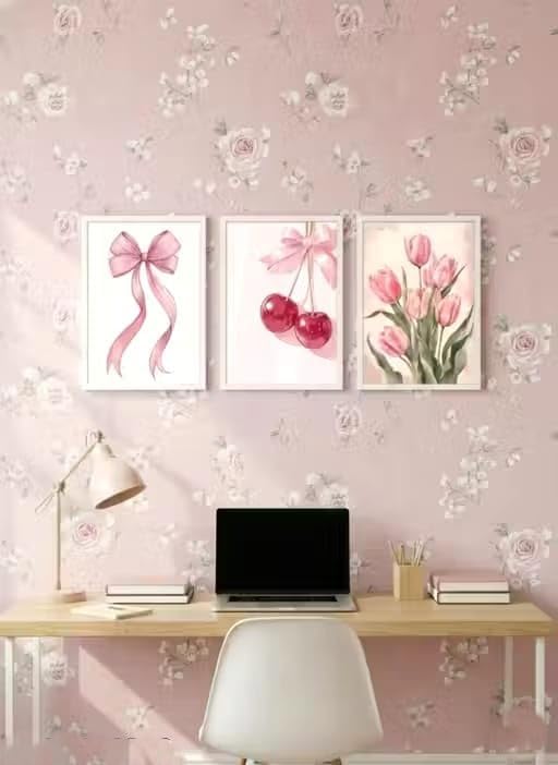 Wall Painting for Bedroom Set of 3 | Cute Pink Aesthetic Wall Art with Bow Cherry Tulip Design | Modern Wall Frames for Girls Room Décor | Home Décor Items | 8x12 Inch Framed Posters-picture-17
