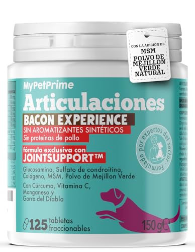 MyPetPrime Articulaciones Complemento alimenticio para Perros - 120 + 5 Comprimidos adicionales | Nueva fórmula JointSupport™ con MSM, Polvo de mejillón de Labio Verde, glucosamina y Garra del Diablo