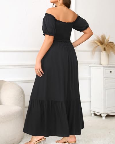 Image of Plus Size Sun Dresses Women - Summer Off the Shoulder Puff Sleeve A Line Boho Maxi Flow Long Dress 2025