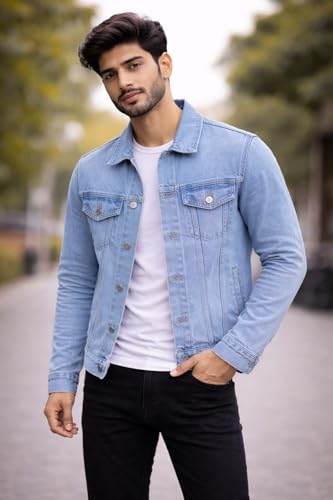 Image of KOTTY Men's Classic Denim Jacket with Button Closure and Structured Fit for Casual Outdoor Styling