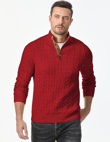Image of JMIERR Men's Cable Knit Pullover Sweater Casual Long Sleeve Stand Collar Button Knitted Sweaters