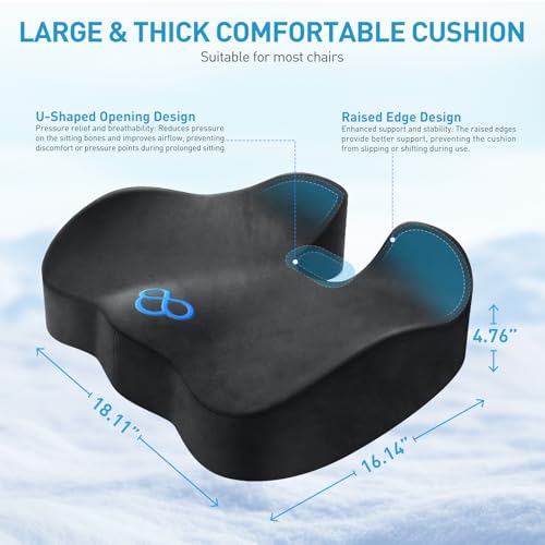 Image of BlissTrends Seat Cushion,Thick Memory Foam Cushions for Office Chair, Car Seat, Airplane, Relieving Pressure Tailbone Sciatica Back Pain for Long Sitting Office Workers, Car Drivers 4.7in Thick Grey