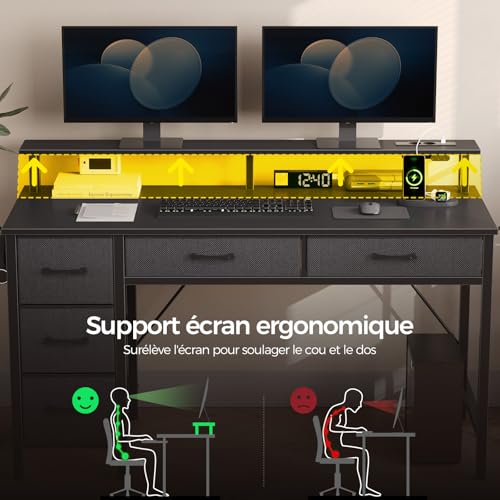 Bureau gaming LED RGB de 120 cm avec prises USB intégrées et support écran - 7