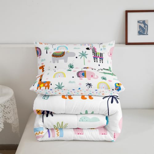 Image of Feelyou Kids Zoo Animal Comforter Queen for Kids Boys Girls Cute Boho Animals Bedding Set Cartoon Elephant Comforter Set Wild Animals Duvet Set with 2 Pillow Case