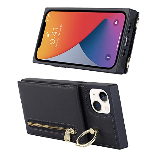 Jaorty Iphone 13 Case With Card Holder,Crossbody Wallet Case For Iphone 13 With Strap For Women，[Ring Holder Kickstand] Lanyard Leather Pu Magnetic Clasp Zipper Purse,6.1" Black #TOP5