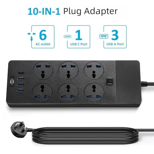 UK to US Plug Adapter, Jumpso Power Strip with 6 International Outlets and 4 USB Ports (1 USB C), 110-240v, 3000w, 6Ft, Universal Travel Adapter Extension Cord for Electrical Equipment - Image 3