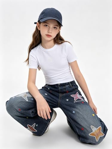 Image of Size 7-14 Years Girls 2 Piece Outfits Bow Short-Sleeved Top and Jeans Pants Clothing Set
