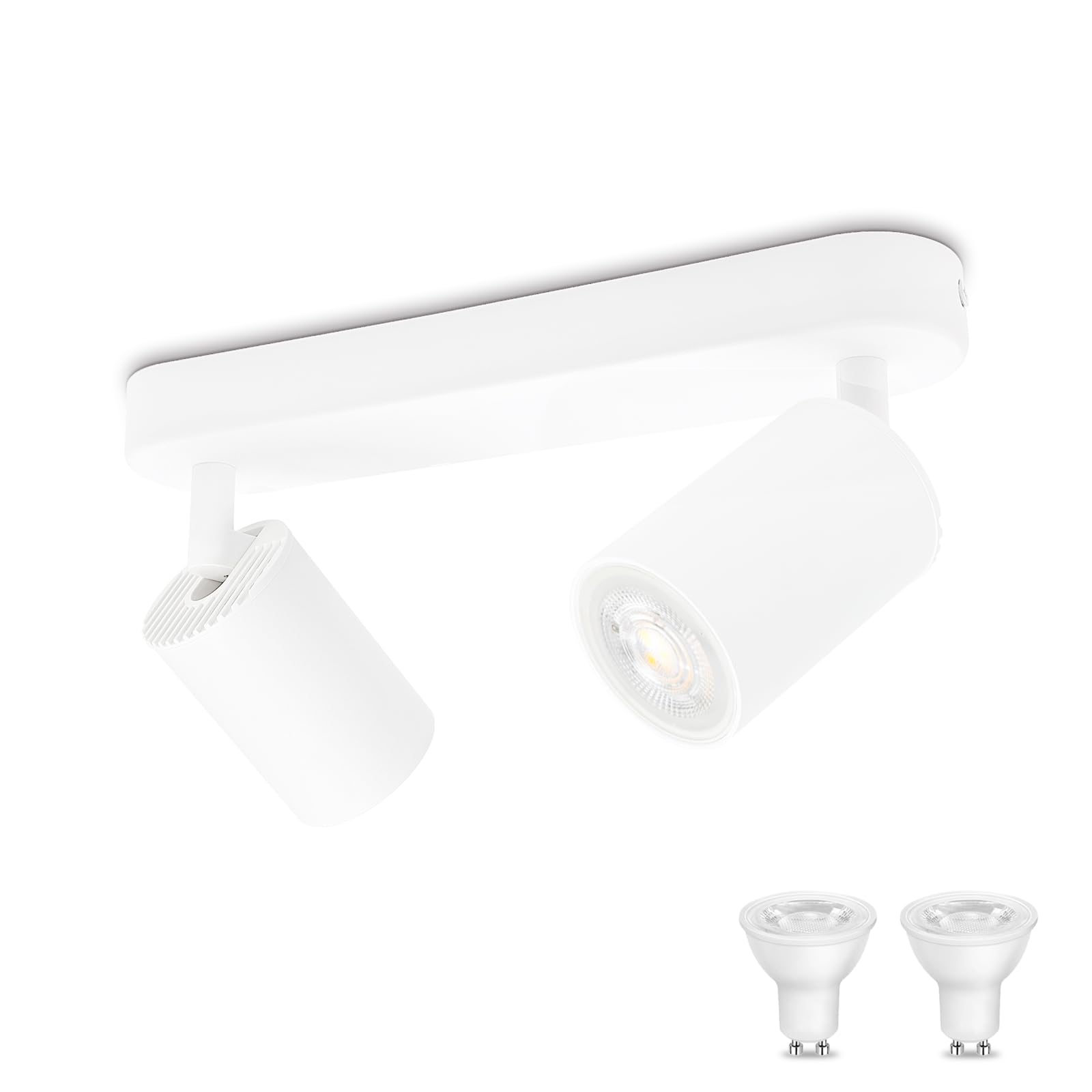 KYOTECH Lámpara de techo blanca con 2 focos Lámpara de techo LED de 5W orientable y giratoria incluida bombilla GU10 3000K 420LM Focos de techo para cocina, dormitorio, sala de estar