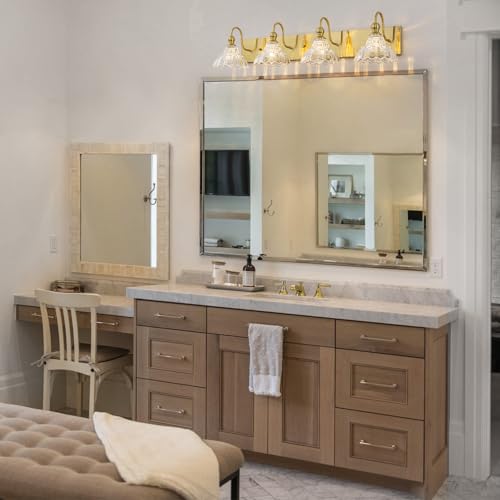 Image of EDISLIVE Vintage Vanity Light for Bathroom Gold 4-Light Bath Wall Light Fixture with Clear Flower Glass Shades 36.22 inch E12 Antique Wall Sconce for Bedroom Hallway Living Room Vanity Mirror