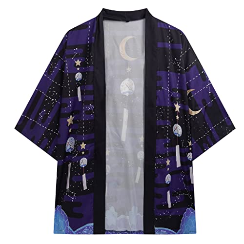 Image of PRIJOUHE Mens Kimono Set Japanese Haori & Shorts 2 Piece Summer Outfits | Silky Polyester 3 /4 Sleeve Yukata Cardigan Suit Loose Happi Coat Elastic Waist Beach Casual Daily Vacation Lounge Sleepwear