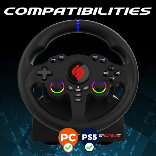 Image of SUBSONIC - Superdrive 220RS-5 Racing Wheel for Playstation 5 PS5 and PC | Steering Wheel with Dual Joysticks for GTA 6 & farming simulator - LED - Vibration - Diameter 22 cm, Rotation 180 - Pedals