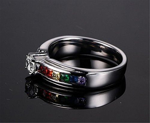 JAJAFOOK 316L Stainless Steel LGBT Gay& Lesbian Pride Rainbow CZ Cubic Zirconia Wedding Engagement Rings3