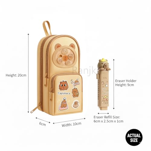 Image of Kawaii Cute Capibara Pencil Pouch for Kids with Push-Pull Eraser Set | Multi-Layer Storage, Strong Zippers, Premium Polyester | School Stationery Combo Gift for Boys & Girls