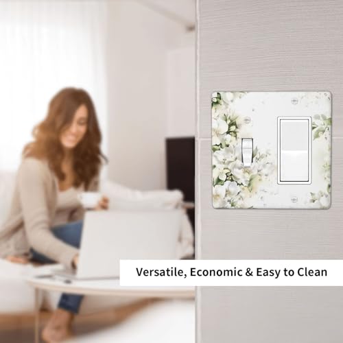 Decorative Outlet Covers Rustic Ink Green Leaves White Florals Flower 2 Gang Outlet Cover Wall Plate Single Toggle Rocker Light Switch Cover Plate Switch Plate Covers for Bedroom Decor