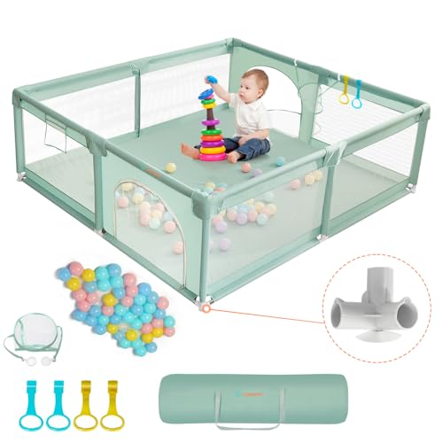 COMOMY Playpens for Babies and Toddlers, 79″x71″ Baby Playard Extra Large, Safe and Non-Slip Baby Fence, Full Mesh Design, Indoor & Outdoor Kids Activity Center, Baby Play Pens (Dark Green)