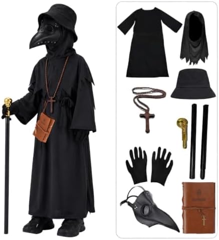 Lubolee Pestdoktor Kostüm für Kinder, Lustige gruselige Karneval Halloween Kostüme für Jungen Mit Pestmaske aus Leder, Hut, Paar Handschuhe, Holz-Halskette, Notizbuch und Gehstock.
