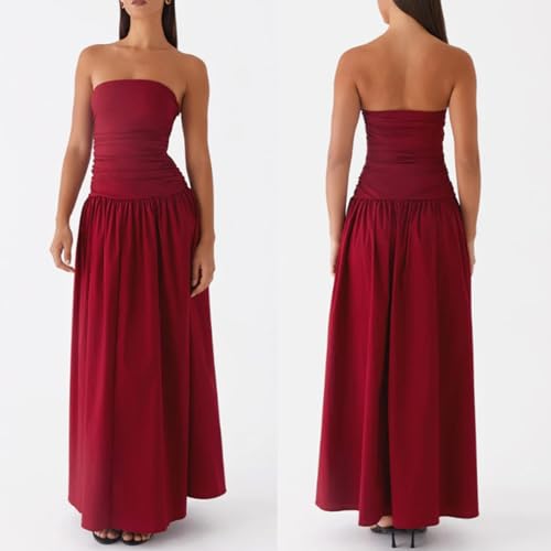 Image of Women Tube Top Maxi Dress 2025 Elegant Sleeveless Strapless Ruched Flowy Summer Long Wedding Party Cocktail Dresses