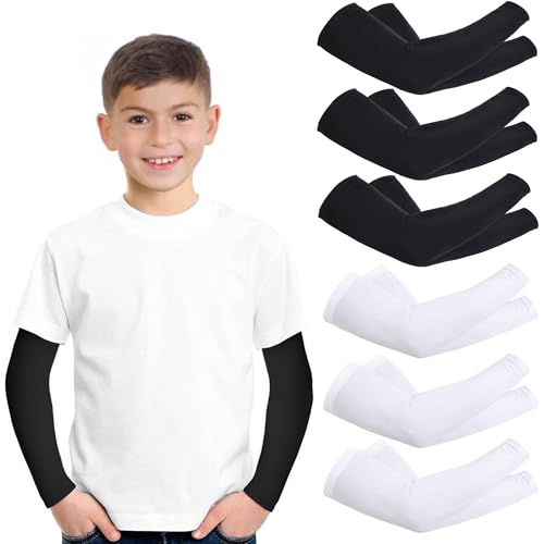 6 Pairs Arm Sleeves For Kids Child 4-10 Years Old,Unisex Sport Cooling Compression Cover UV Sun Protection Arm Cover