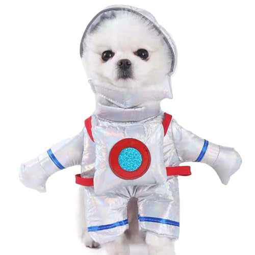 FLAdorepet Disfraz de astronauta de pie para perro con sombrero de perro, gato, Halloween, Navidad, fiesta, trajes divertidos para perro chihuahua, bulldog (M (mascota 6-10 libras), plateado)
