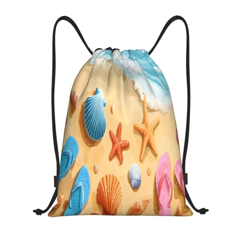 Drawstring Bag, Seashells Starfish And Flip Design Durable Water Resistant For Sport,Travel - Lightweight Sackpack