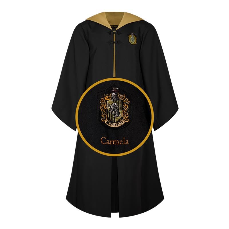 Harry Potter Personalized Hufflepuff Robe - Official Hogwarts House Costume with Embroidered Crest & Wand Pocket - M-L