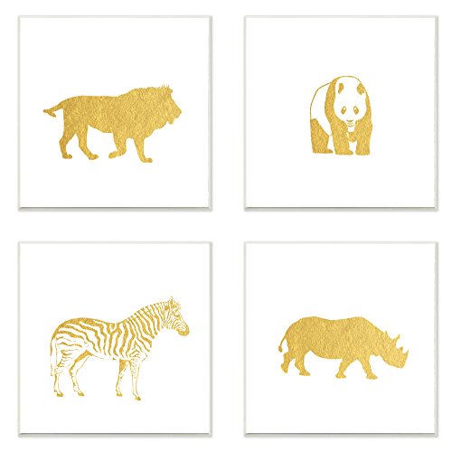 Stupell Home Décor Golden Animal Silhouettes Lion Panda Zebra Rhino 3pc Wall Plaque Art Set, 12 x 0.5 x 12, Proudly Made in USA